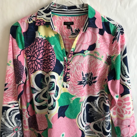 Talbots Vibrant Floral Anchor Buttons Cotton Popover Tunic Blouse MP Pink Navy - Picture 3 of 8